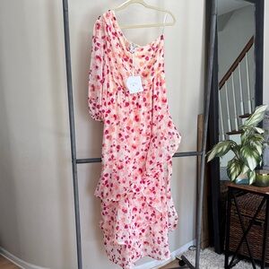 Alexis Pink and Red One-Shoulder Ruffle Maxi Dress